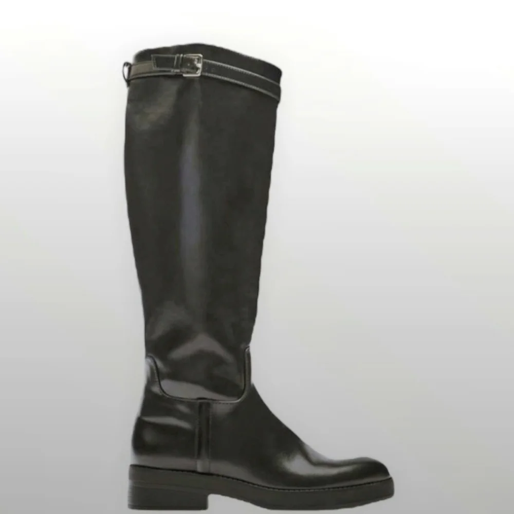 Zara black riding boots buckle strap full width NWT